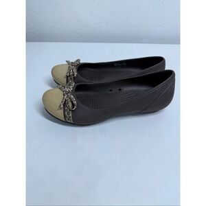 Crocs Kadee Leopard Print Bow Cap Toe Slip On Brown Gold Ballet Flats Womens 6